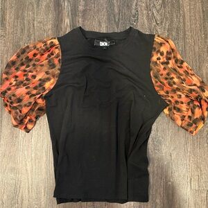 DKNY Black Blouse with Vibrant Orange Sleeves